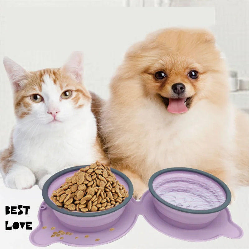 Portable Silicone Double Dog Food Bowl